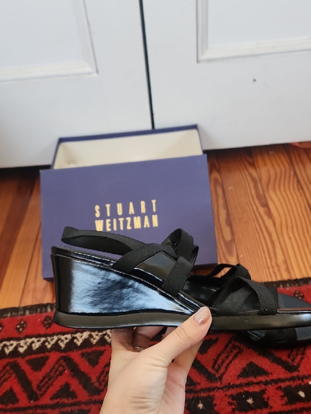 Stuart Weitzman Black Strappy Wedge Sandals with Slingback - Picture 2 of 6